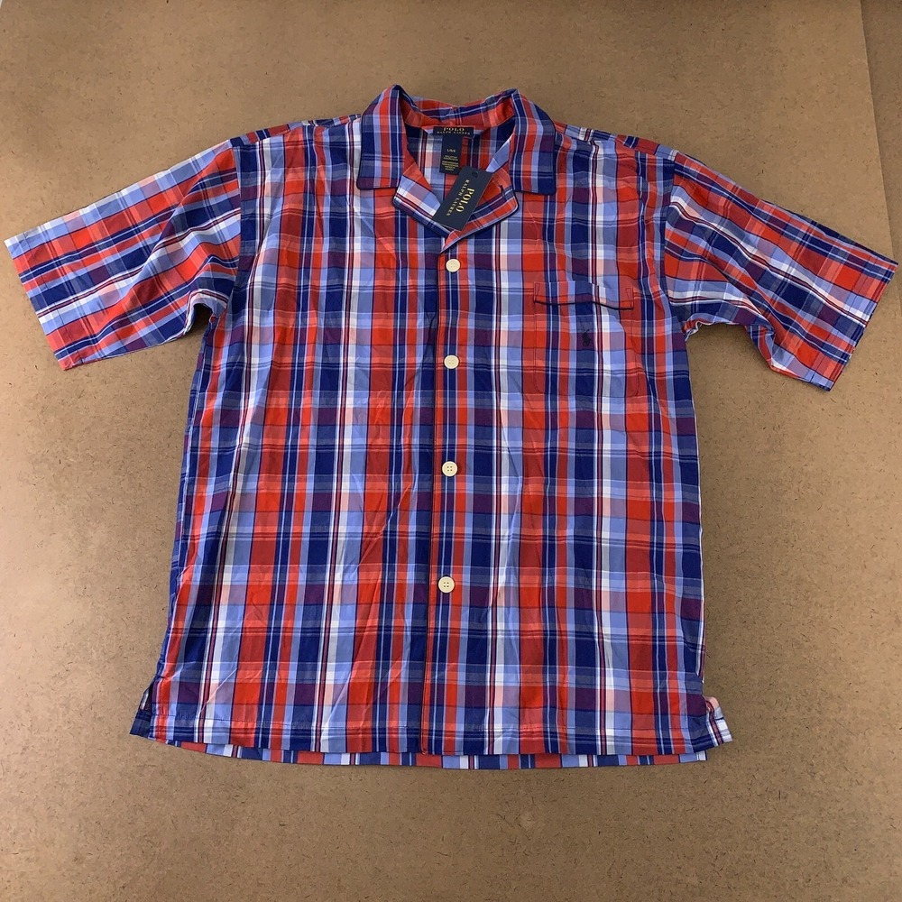 Polo Ralph Lauren Men's Large Red‎ Blue Plaid Cotton Short Sleeve Pajama Top NWT